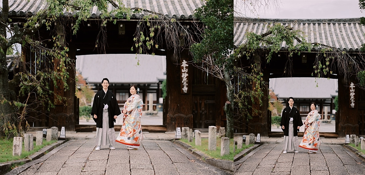 Kyoto Tokyo Japan Elopement Wedding Photographer, Planner & Videographer | A couple in kimono, captured by an elopement photographer, standing in front of an archway.