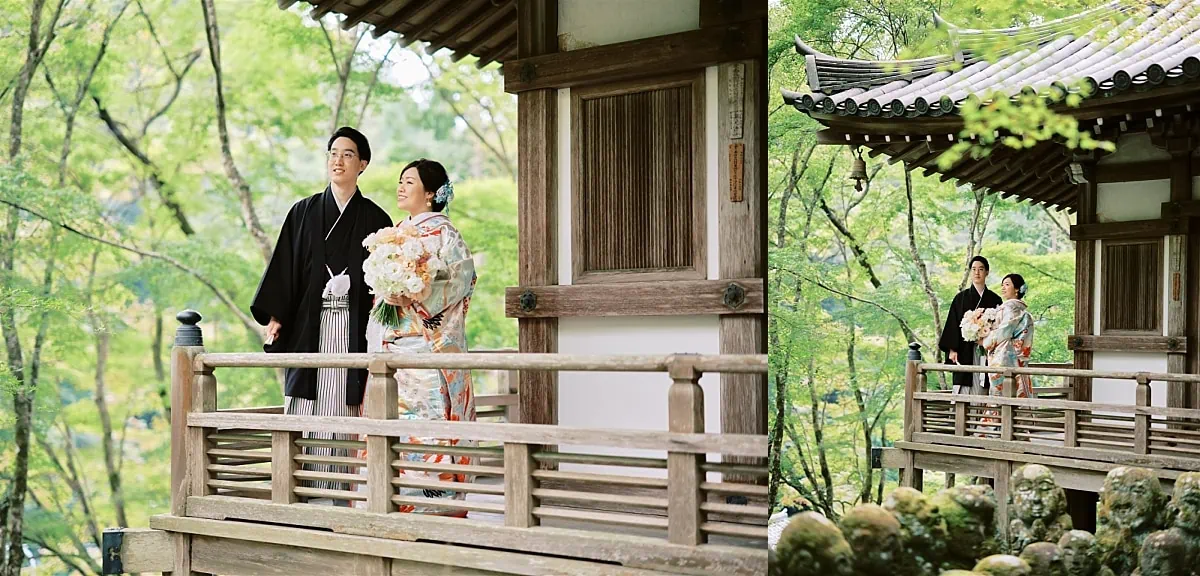 Kyoto Tokyo Japan Elopement Wedding Photographer, Planner & Videographer | An elopement photographer captures a Japanese couple standing on the balcony of their house.