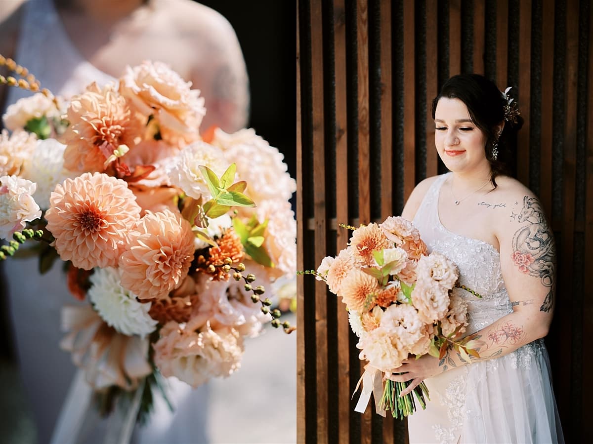 Kyoto Tokyo Japan Elopement Wedding Photographer, Planner & Videographer | A bride with tattoos holding a bouquet of peach dahlias during her Japan elopement, captured beautifully by a talented photographer.