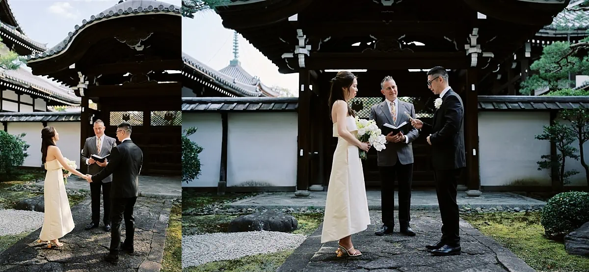 Kyoto Tokyo Japan Elopement Wedding Photographer, Planner & Videographer | A Japan-themed elopement at a Japanese temple, featuring a lovely bride and groom standing in front.