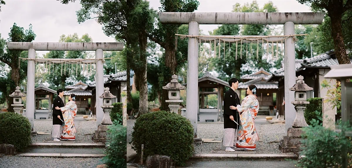 Kyoto Tokyo Japan Elopement Wedding Photographer, Planner & Videographer | Elopement Photographer capturing a Japanese couple posing in front of a torii gate.
