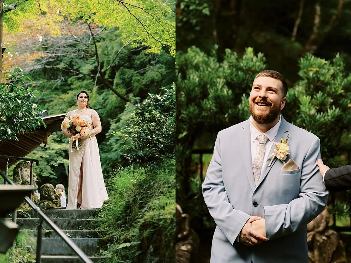 Kyoto Tokyo Japan Elopement Wedding Photographer, Planner & Videographer | A photographer captures the intimate moments of a Japan elopement as a bride and groom gracefully walk down the steps of a Japanese garden.