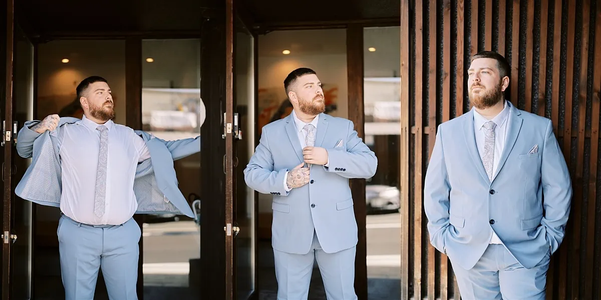 Kyoto Tokyo Japan Elopement Wedding Photographer, Planner & Videographer | A photographer is capturing a man in a blue suit standing in front of a door during an elopement in Japan.