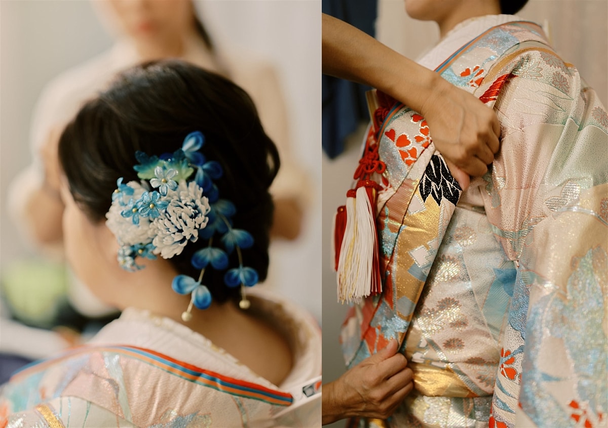 Kyoto Tokyo Japan Elopement Wedding Photographer, Planner & Videographer | A kimono-clad woman getting her hair done by an elopement photographer.