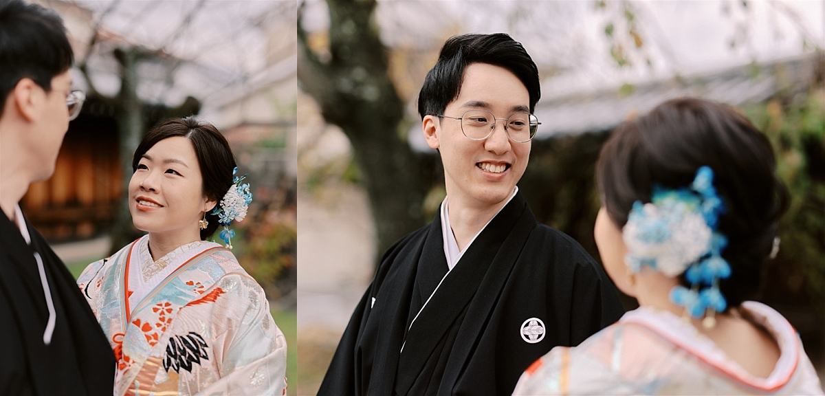 Kyoto Tokyo Japan Elopement Wedding Photographer, Planner & Videographer | An elopement photographer captures a joyful moment as a man and woman dressed in kimono exchange smiles.