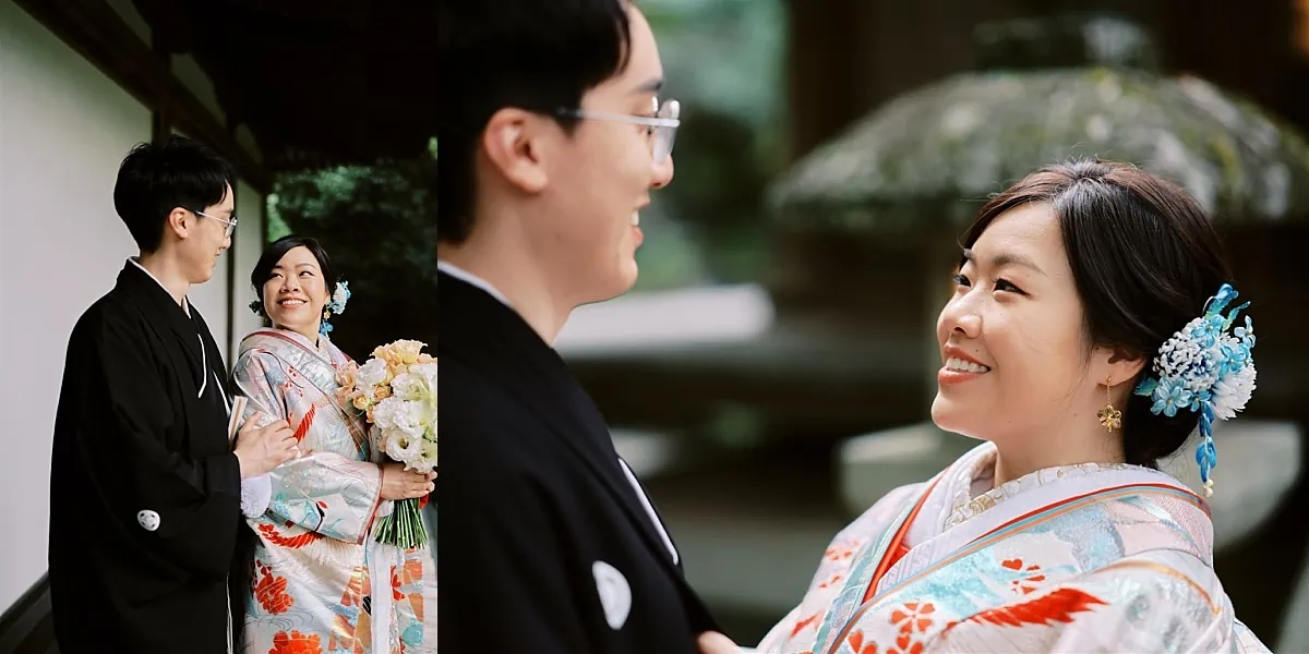 Kyoto Tokyo Japan Elopement Wedding Photographer, Planner & Videographer | An elopement photographer captures a beautiful moment of a bride and groom in a traditional kimono.