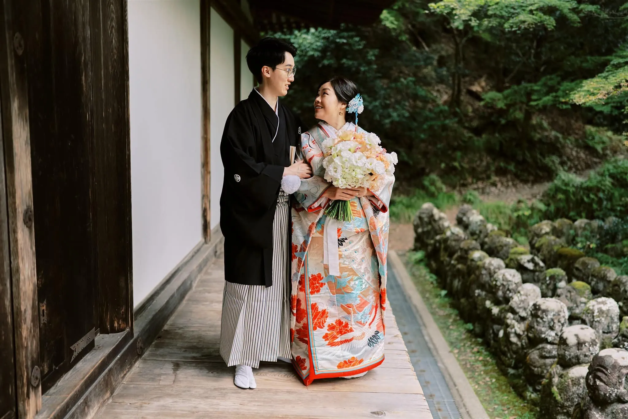 Kyoto Tokyo Japan Elopement Wedding Photographer, Planner & Videographer | A bride and groom captured by an elopement photographer in traditional Japanese kimono.