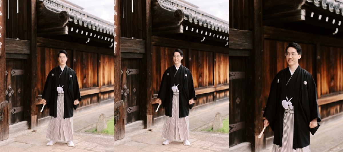 Kyoto Tokyo Japan Elopement Wedding Photographer, Planner & Videographer | A woman in a kimono, captured beautifully by an elopement photographer, standing gracefully in front of a wooden building.