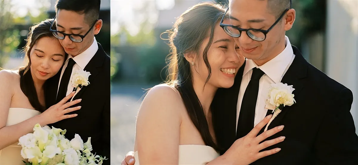 Kyoto Tokyo Japan Elopement Wedding Photographer, Planner & Videographer | Two pictures of a bride and groom hugging each other during their intimate Japan elopement.