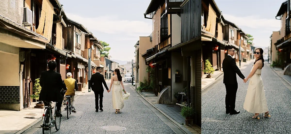 Kyoto Tokyo Japan Elopement Wedding Photographer, Planner & Videographer | A Japan elopement with a bride and groom walking down a narrow alleyway.