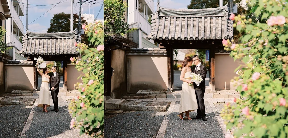 Kyoto Tokyo Japan Elopement Wedding Photographer, Planner & Videographer | A newlywed couple sharing a sweet kiss in front of a traditional Japanese house during their intimate Japan elopement.