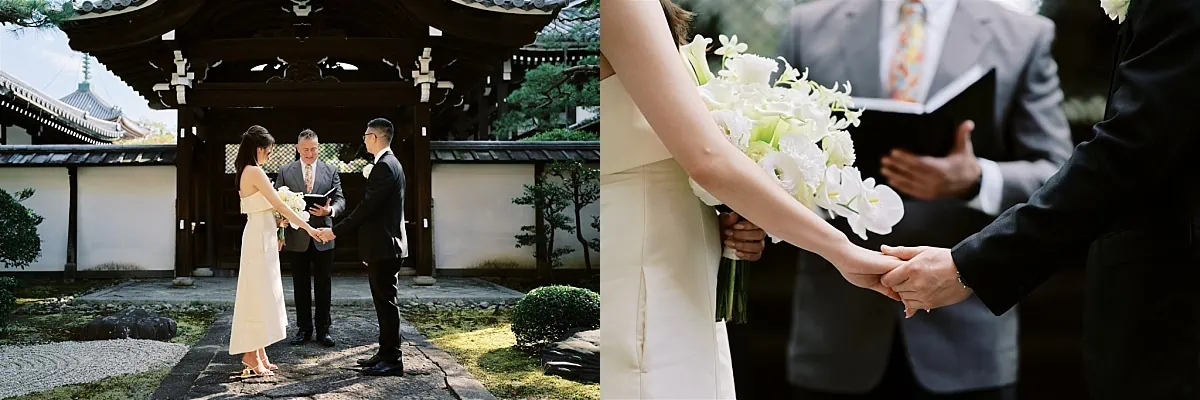 Kyoto Tokyo Japan Elopement Wedding Photographer, Planner & Videographer | A Japan elopement where a bride and groom hold hands in front of a Japanese temple.