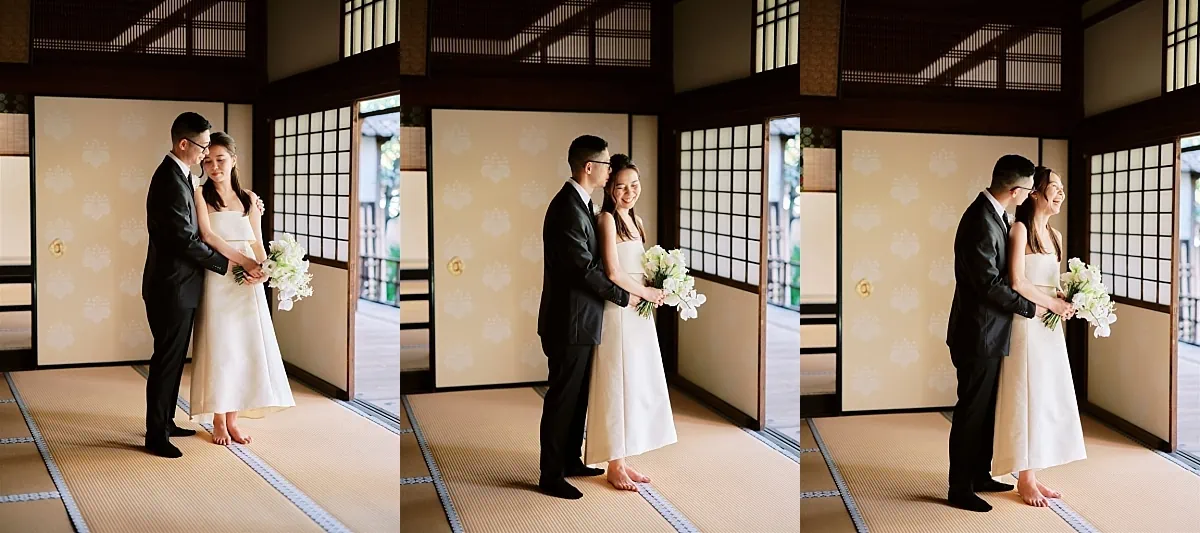 Kyoto Tokyo Japan Elopement Wedding Photographer, Planner & Videographer | A Japan elopement with a bride and groom standing in front of a Japanese door.
